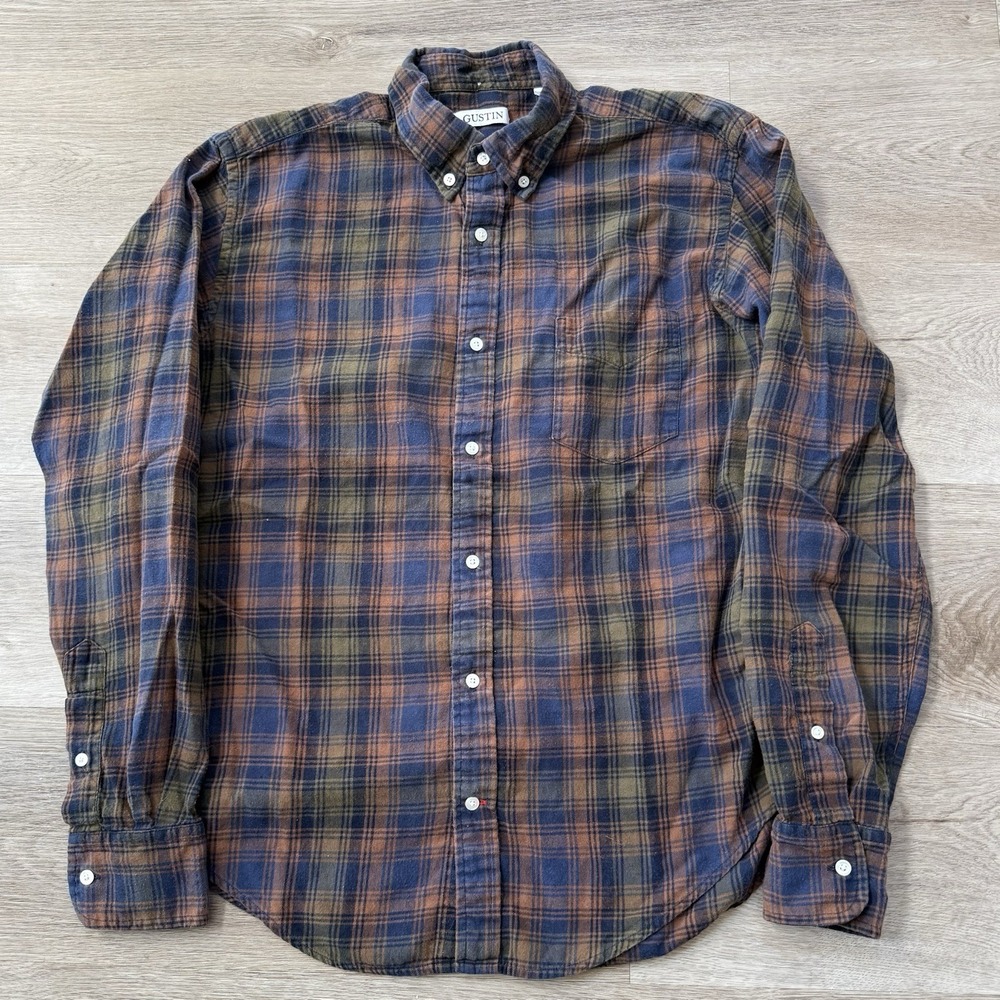 Gustin Flannel Shirt Mens XL Fits Large Plaid Button Down USA Made Blue Brown